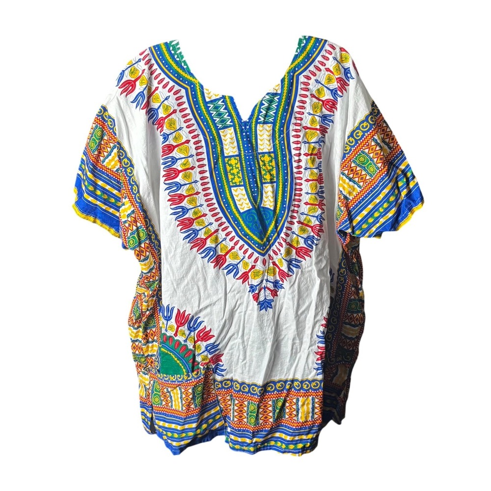 Klub Kool Dashiki Shirt Mens XXXL White Blue Yellow Boho Tribal Ethic Print